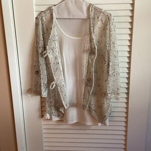 Nina Leonard Cream Open-Weave Sweater